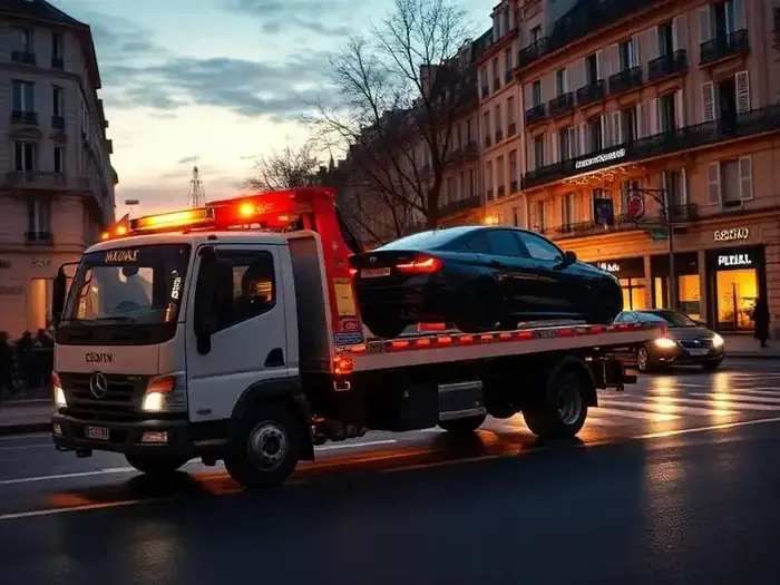 Remorquage de voiture à Paris au crépuscule
