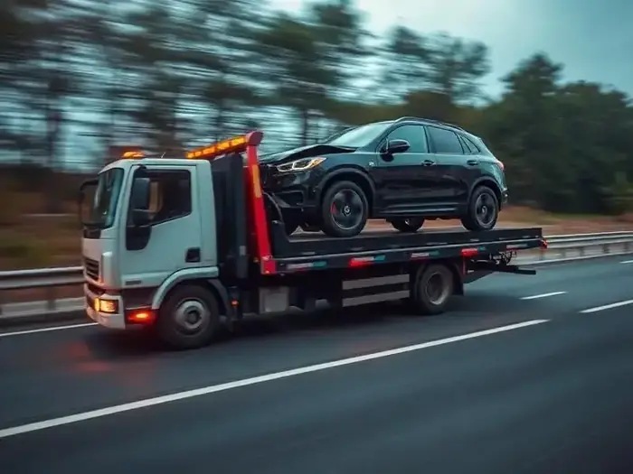 Camion plateau transportant un SUV sur autoroute